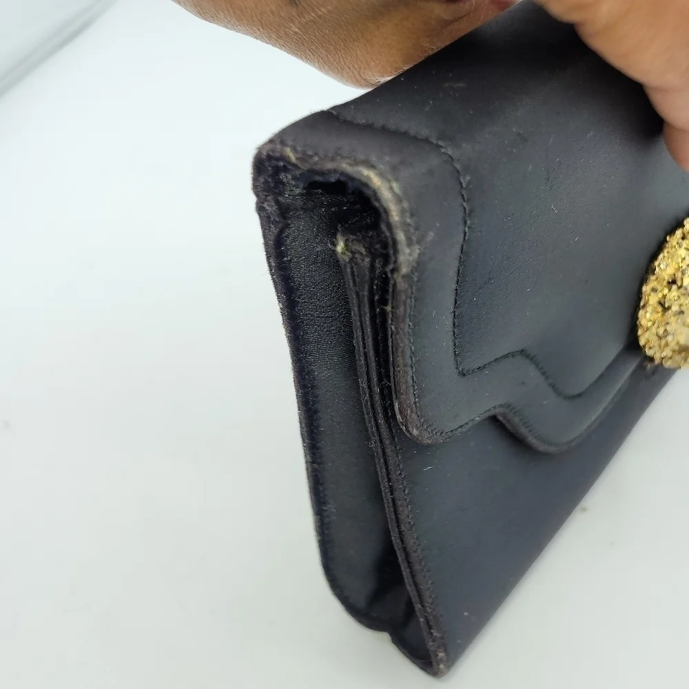 VTG Miss Lewis Black Satin Evening Clutch with Ornate Gold Face Medallion